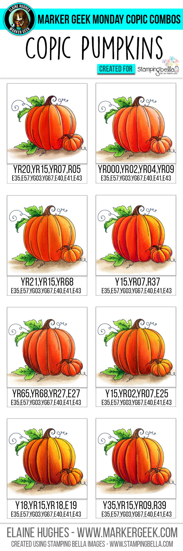 Marker Geek Monday - Copic Colour Combos for Stamping Bella Set of Pumpkins Stamp Set. Click through for a downloadable guide and colouring video!