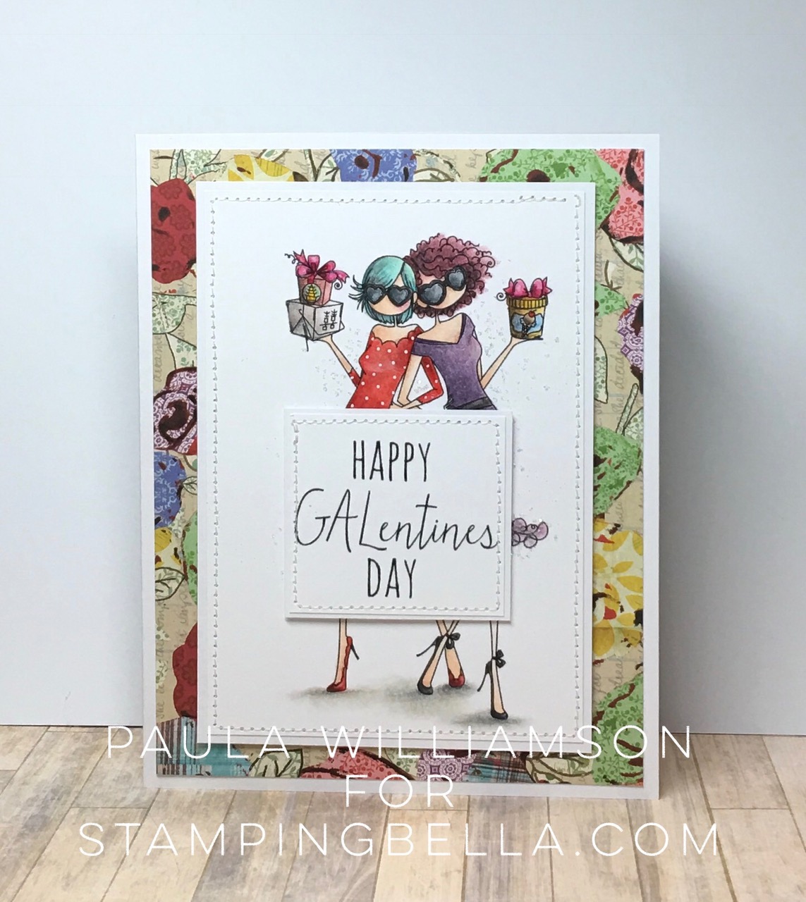 Stamping Bella JANUARY 2017 rubber stamp release- UPTOWN GALENTINE girls card by Paula Williamson