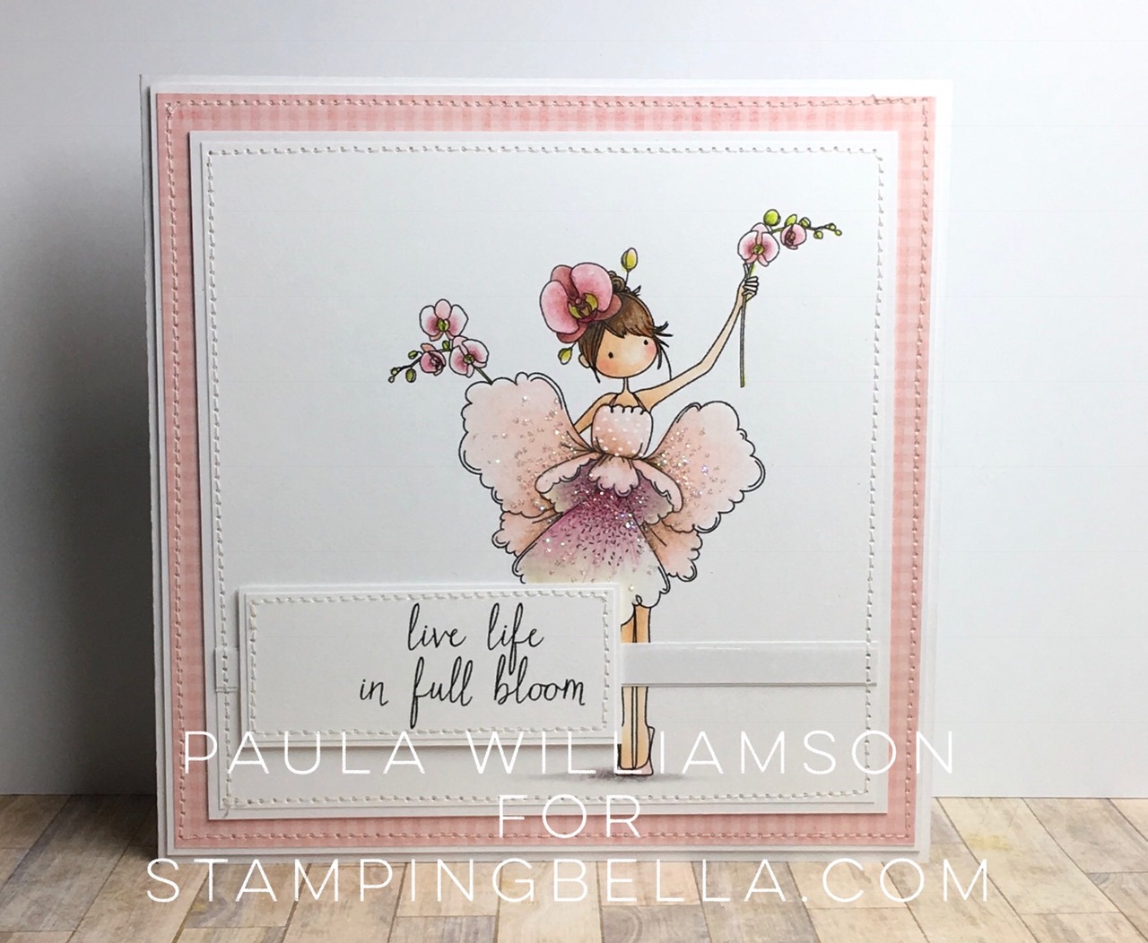 Stamping Bella JANUARY 2017 rubber stamp release- Tiny Townie Garden Girl ORCHID card by Paula Williamson