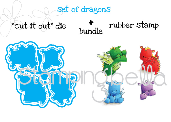 Stamping Bella JANUARY 2017 rubber stamp release-SET OF DRAGONS "cut it out" die and rubber stamp BUNDLE