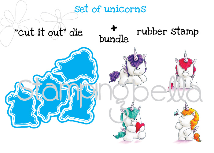 Stamping Bella JANUARY 2017 rubber stamp release-SET OF UNICORNS "cut it out" die and rubber stamp BUNDLE