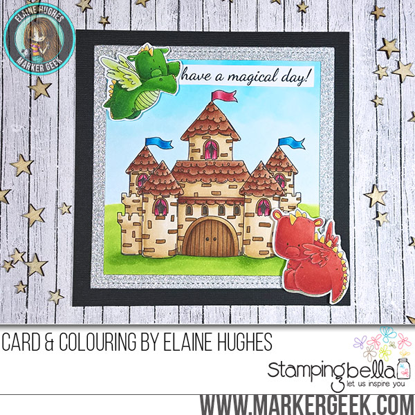 Stamping Bella JANUARY 2017 rubber stamp release-SQUIDGY castle and SET OF DRAGONS card by ELAINE HUGHES
