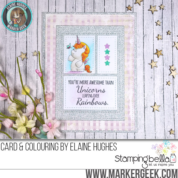 Stamping Bella JANUARY 2017 rubber stamp release-SET OF UNICORNS card by Elaine Hughes
