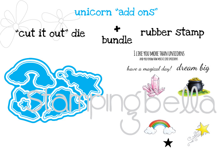 Stamping Bella JANUARY 2017 rubber stamp release-UNICORN ADD ON SET "CUT IT OUT DIE" and RUBBER STAMP bundle