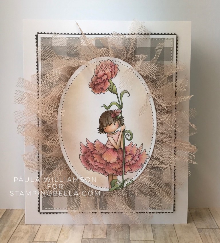 Stamping Bella Sneak Peek March 2017- TINY TOWNIE GARDEN GIRL CARNATION rubber stamp. CARD BY PAULA WILLIAMSON
