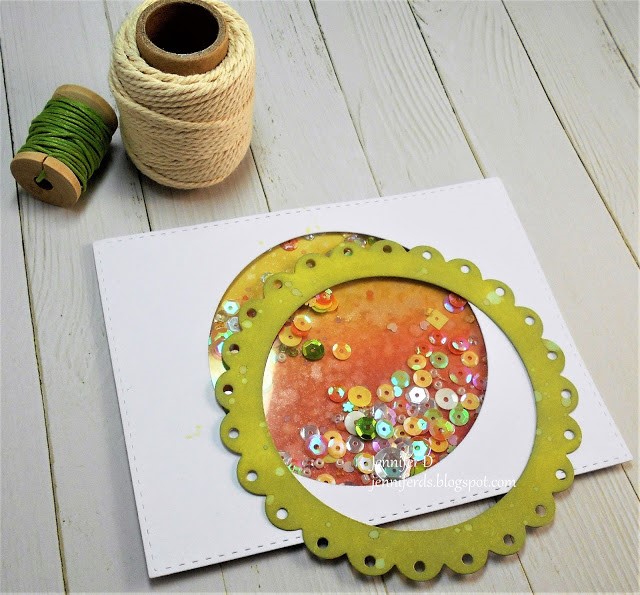 wonderful wednesday feature for Stamping Bella- Rubber stamp used TROPICAL SQUIDGIES, Shaker Card by JENNY DIX
