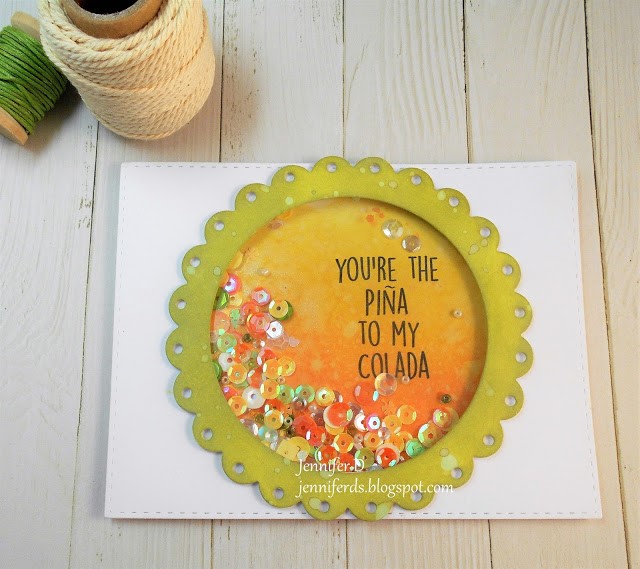 wonderful wednesday feature for Stamping Bella- Rubber stamp used TROPICAL SQUIDGIES, Shaker Card by JENNY DIX