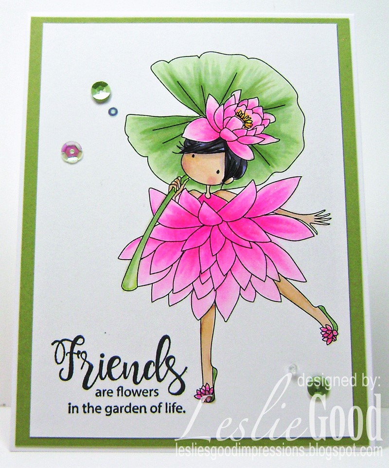 Stamping Bella Sneak Peek March 2017- TINY TOWNIE GARDEN GIRL WATER LILY RUBBER STAMP. Card by LESLIE GOOD