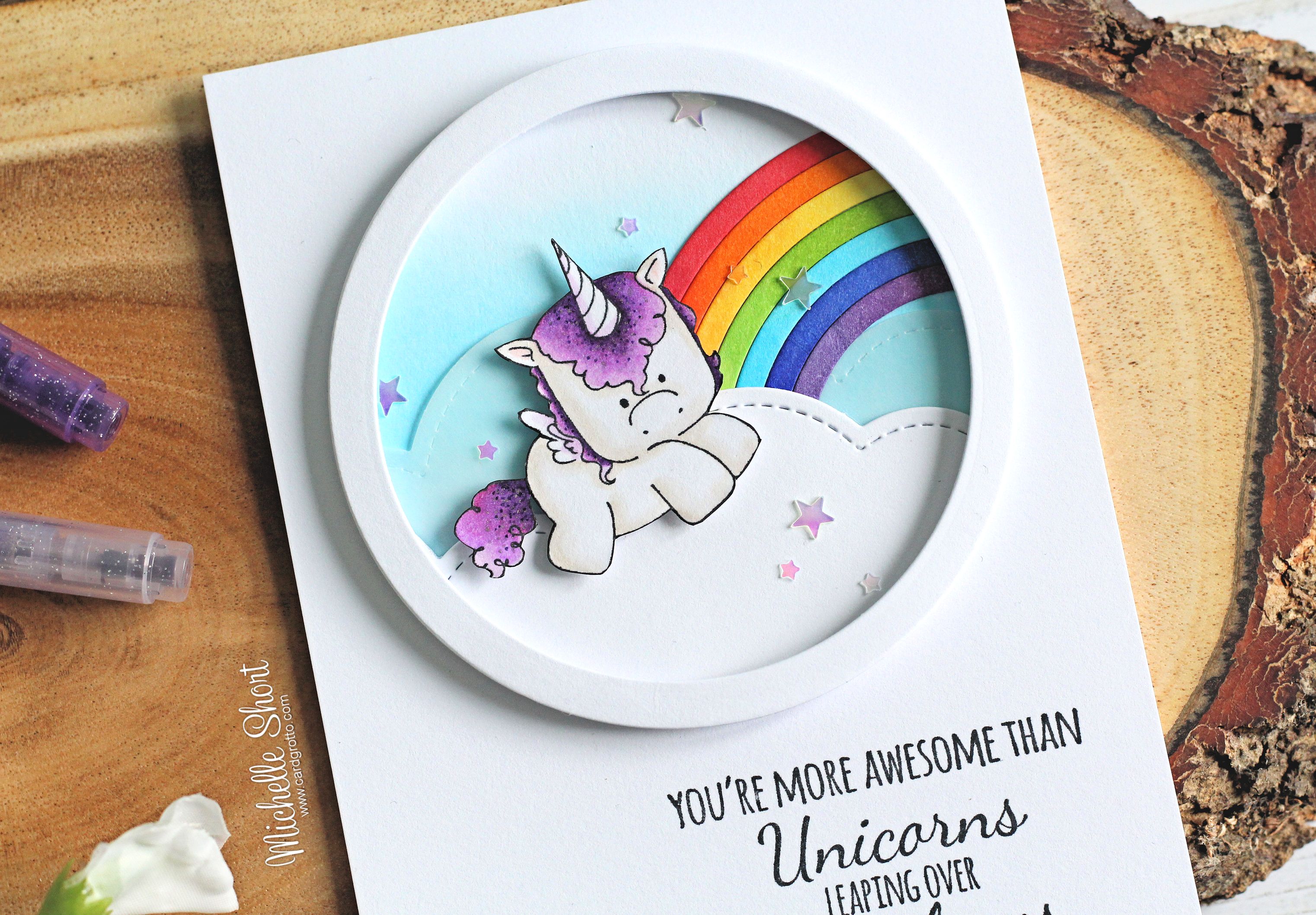 Wonderful Wednesdays with STAMPING BELLA-  Rubber stamps used: Unicorn set and Unicorn sentiment set Card by Michelle Short