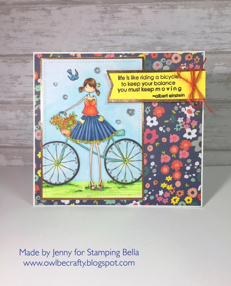Bellarific Friday May 25th 2017- PHOTO CHALLENGE- Rubber stamp used : "UPTOWN GIRL FLORA and her BICYCLE" card made by Jenny Bordeaux