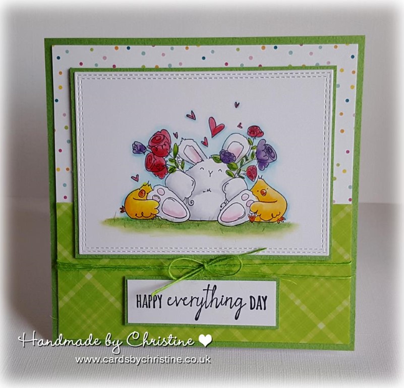 Bellarific Friday May 12 2017 MOJOBELLA SKETCH- rubber stamp used: HAPPY EVERYTHING BUNNY WOBBLE. Card by Christine Levison