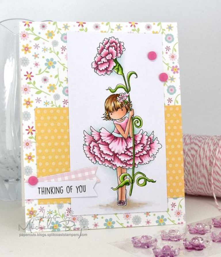 bellarific friday with Stamping Bella- rubber stamp used: TINY TOWNIE GARDEN GIRL CARNATION, card made by Michele Boyer