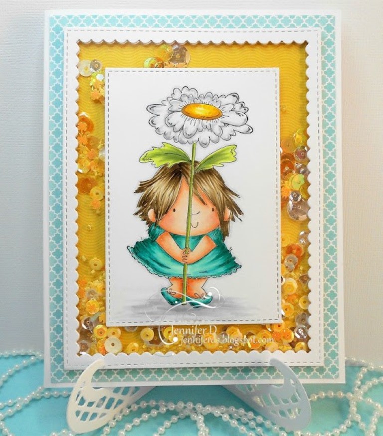 It's WONDERFUL WEDNESDAYS WITH STAMPING BELLA- Rubber stamp used: DAISY SQUIDGY, shaker card made by Jenny Dix