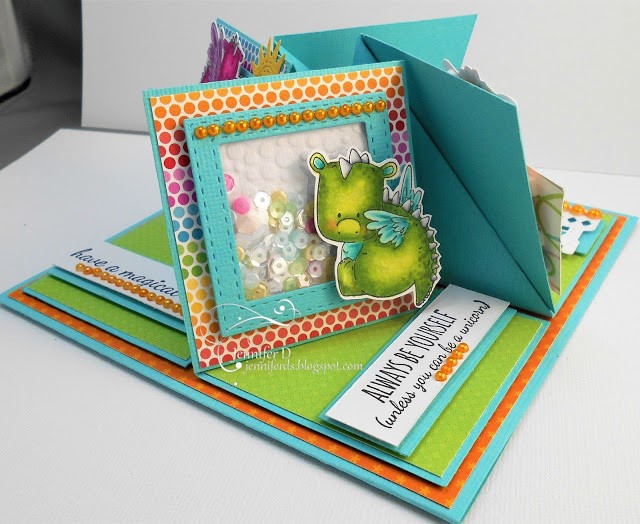 Wonderful Wednesdays with STAMPING BELLA- -QUAD EASEL card using our SET OF DRAGONS rubber stamps, Dragon Sentiments and Unicorn Sentiments.. card by Jenny Dix