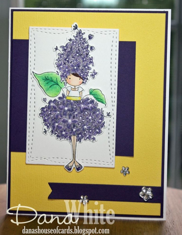 bellarific friday with Stamping Bella- rubber stamp used: TINY TOWNIE GARDEN GIRL LILAC, card made by Dana White