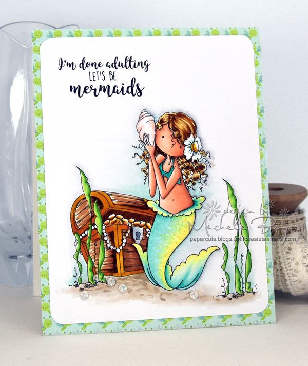 Stamping Bella SUMMER 2017 RELEASE- BEACH BACKDROP RUBBER STAMP, TINY TOWNIE MERMAID SET , and under the sea SENTIMENTS rubber stamps CARD BY Michele Boyer