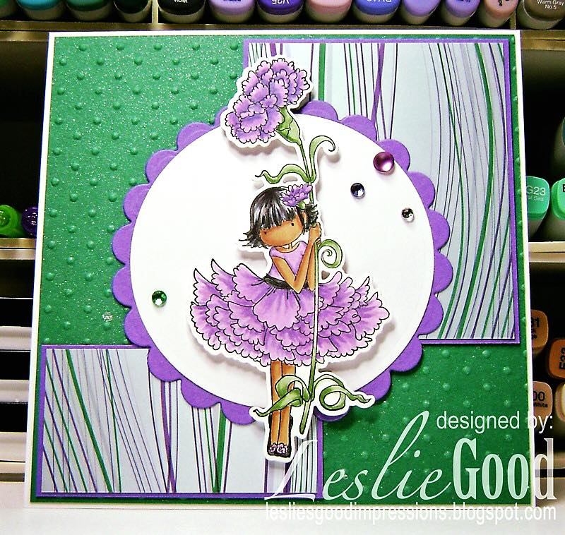 Bellarific Friday July 14th 2017- rubber stamp and cut it out die "TINY TOWNIE GARDEN GIRL CARNATION" card by Leslie Good