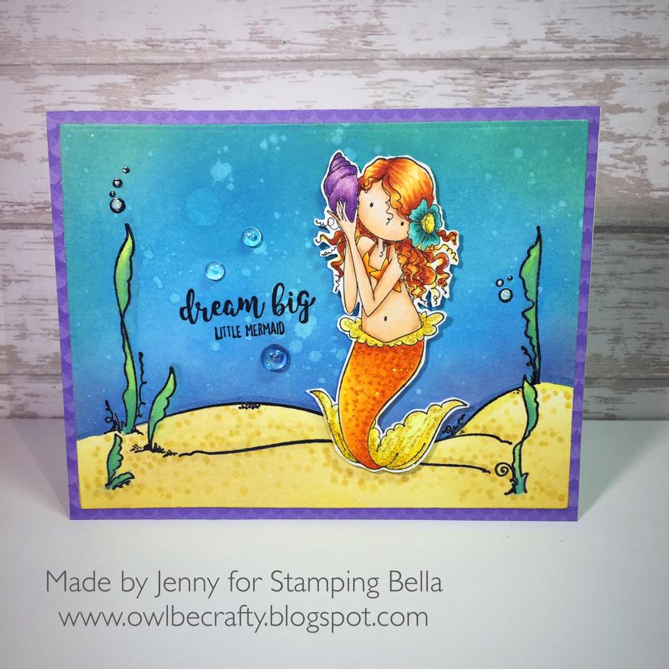 Bellarific Friday Challenge with Stamping Bella- Rubber stamps used: TINY TOWNIE mermaid set, UNDER THE SEA BACK DROP and UNDER THE SEA SENTIMENTS Card made by Jenny Bordeaux