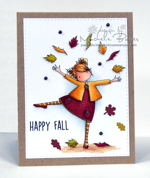 Stamping Bella FALL/HALLOWEEN 2017 RELEASE-TINY TOWNIE LAYLA loves LEAVES rubber stamp. Card by Michele Boyer