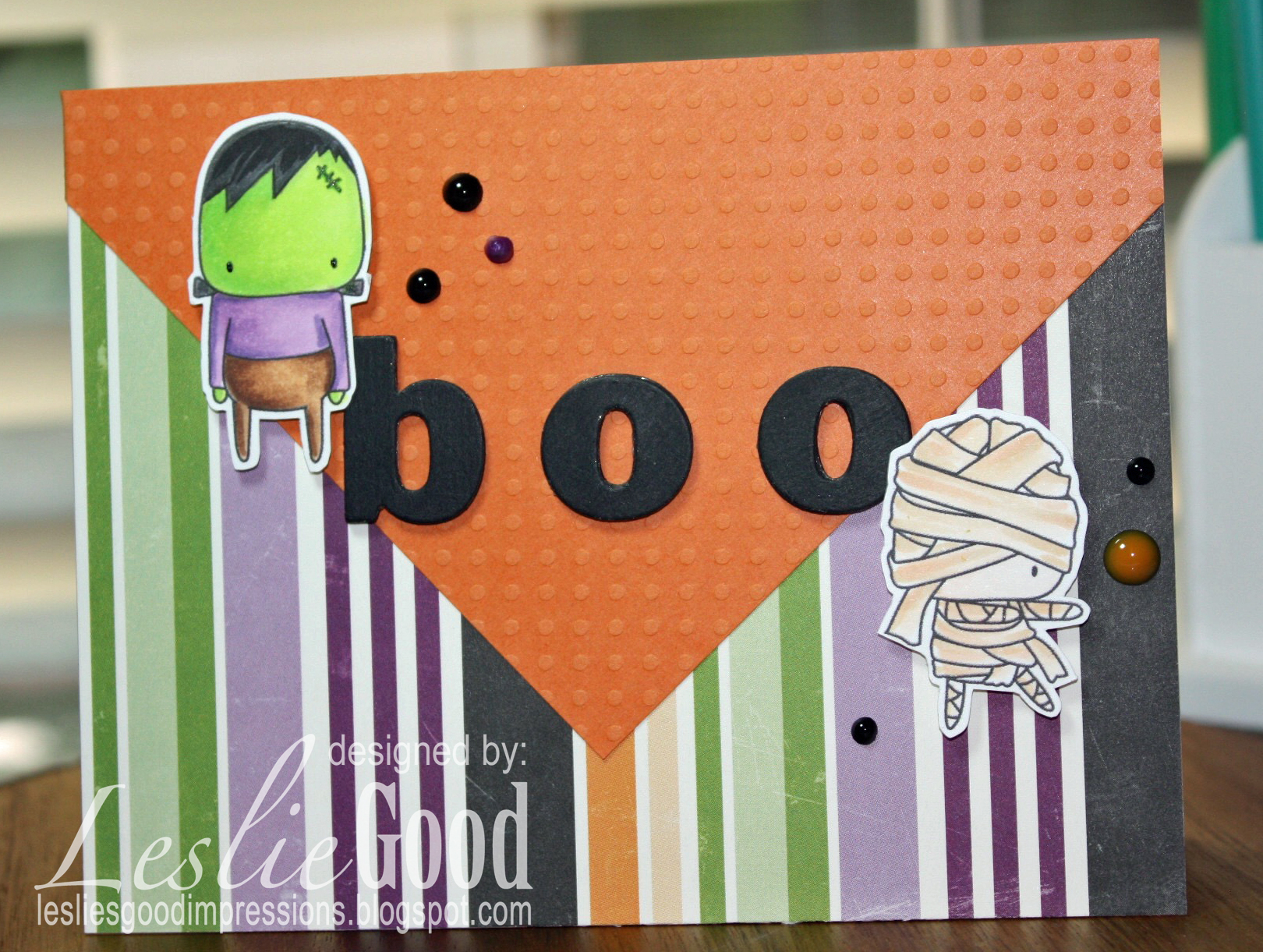 LITTLE BITS MUMMY, FRANKIE and GHOSTY Rubber stamp by Stamping Bella card by LESLIE GOOD