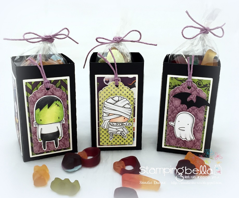 LITTLE BITS MUMMY, FRANKIE and GHOSTY Rubber stamp by Stamping Bella, TREAT BOXES by SANDIE DUNNE