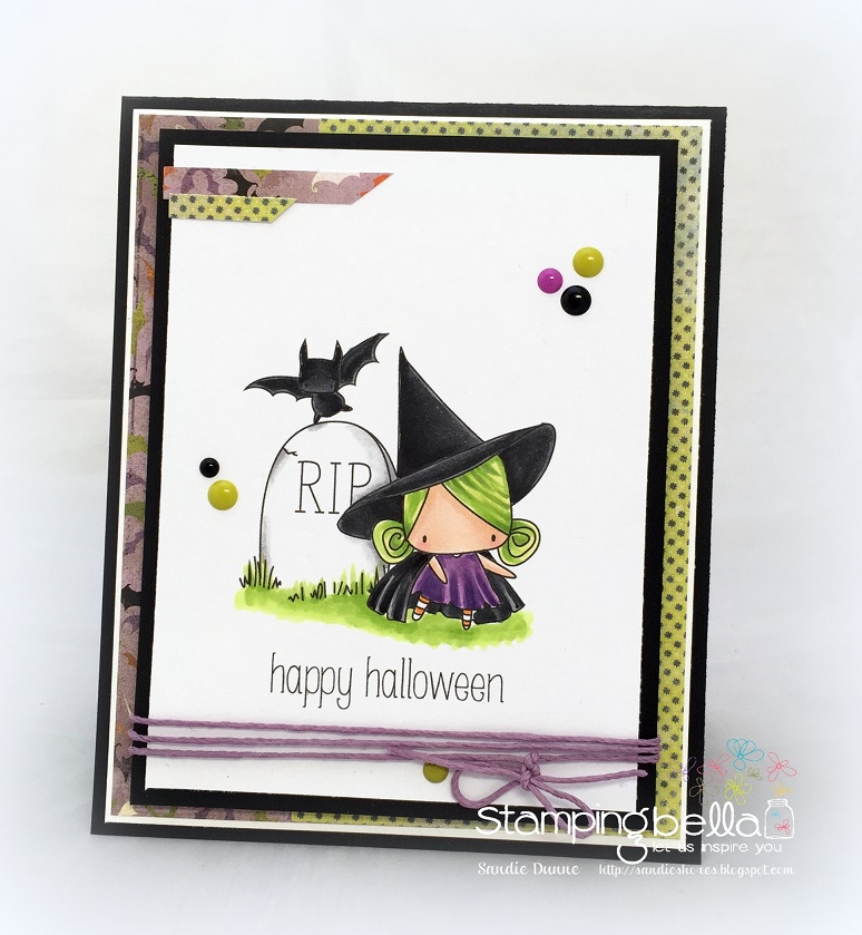 STAMPING BELLA SNEAK PEEK DAY 3- LITTLE BITS HAUNTED HOUSE OUTDOOR DECOR and LITTLE WITCHY RUBBER STAMPS CARD BY SANDIE DUNNE