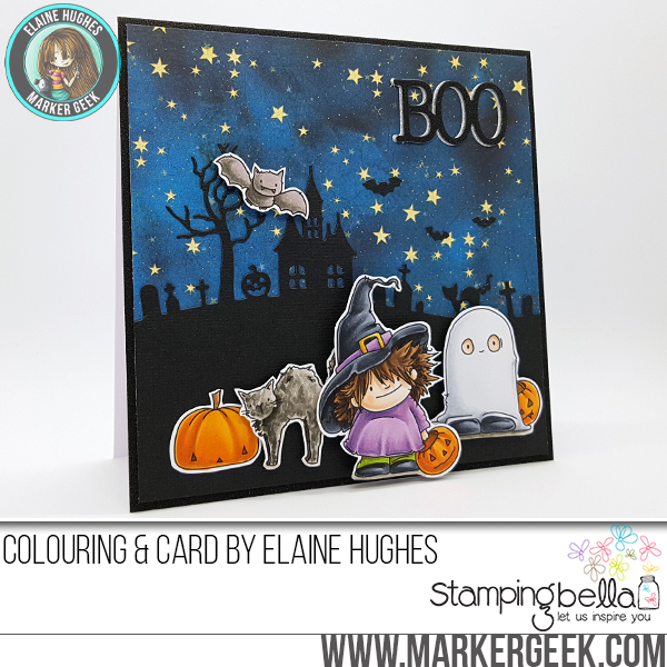Stamping Bella FALL/HALLOWEEN 2017 release- Squidgy BAT AND CAT SET rubber stamp, card by Elaine Hughes