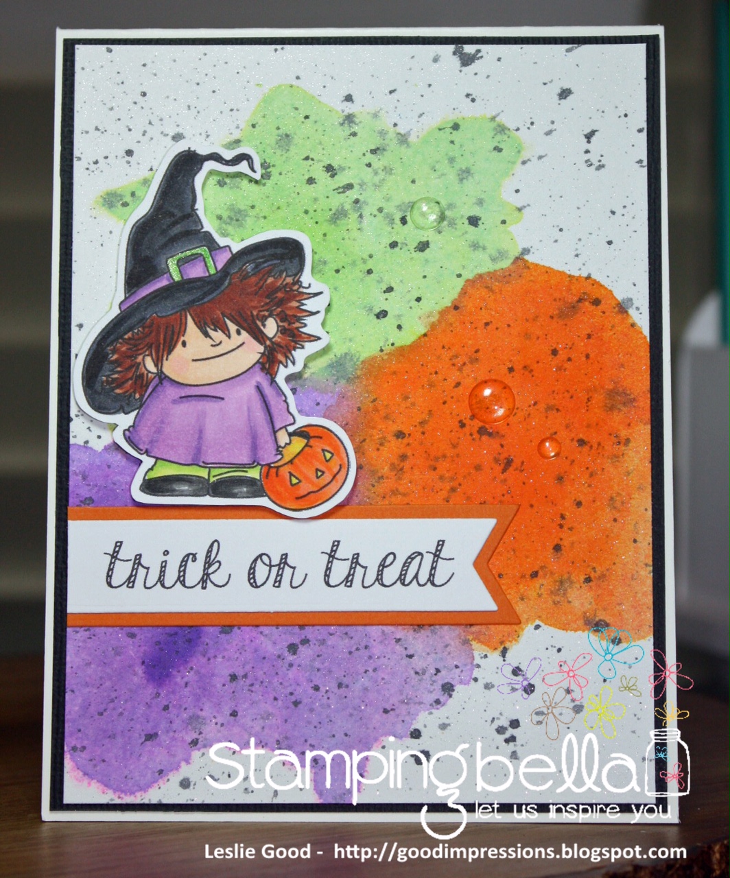 Stamping Bella SNEAK PEEK day 4- SQUIDGY witchy TRICK OR TREATER card by LESLIE GOOD