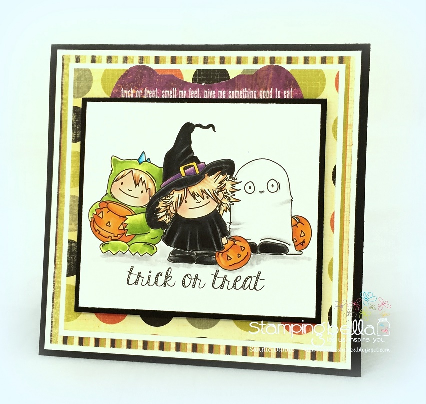 Stamping Bella SNEAK PEEK day 4- SQUIDGY witchy TRICK OR TREATER + FALL sentiment RUBBER STAMP CARD BY SANDIE DUNNE