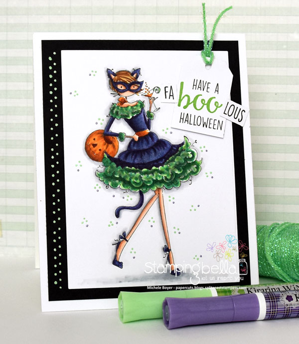 Stamping Bella RUBBER STAMPS: Stamp USED: UPTOWN GIRL KITTY LOVES HALLOWEEN, card by Michele Boyer