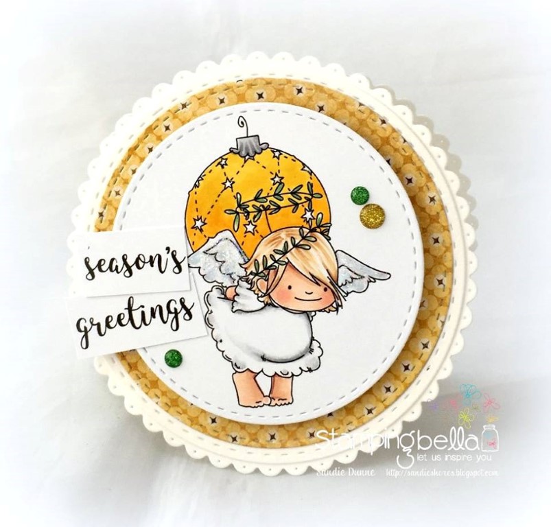 www.stampingbella.com: rubber stamp used: ANGEL SQUIDGIES ORNAMENT and BELL SET, card made by Sandie Dunner