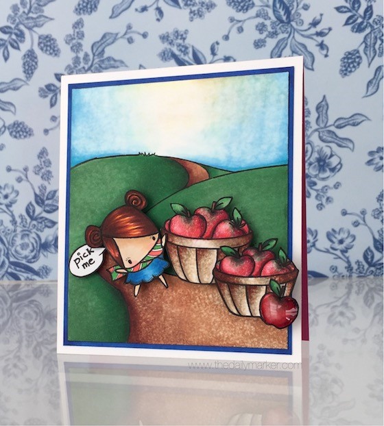 www.stampingbella.com- rubber stamp: THE LITTLES; APPLE PICKING and FALL BACKDROP, card by Kathy Racoosin