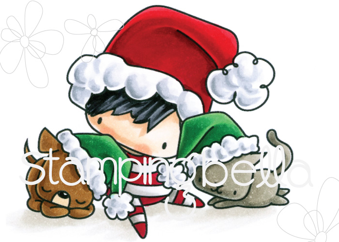 STAMPING BELLA RUBBER STAMP: LITTLES CHRISTMAS BOY WITH PETS
