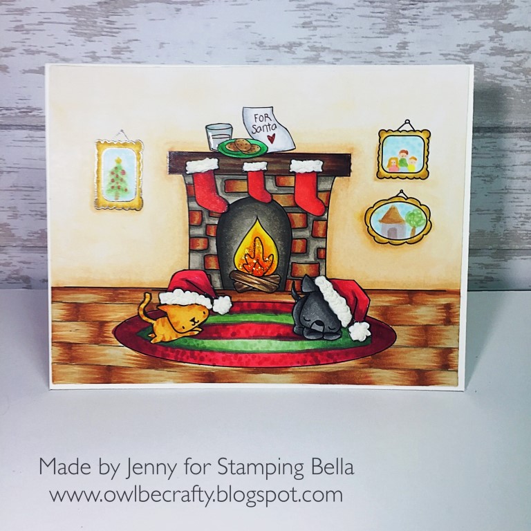 STAMPING BELLA HOLIDAY 2017 RELEASE: RUBBER STAMPS USED: FIREPLACE BACKDROP, LITTLE BITS SANTA'S MANTLE SET, LITTLE BITS SANTA KIDS AND PETS and LITTLE BITS SANTAS SNACKS CARD BY JENNY BORDEAUX