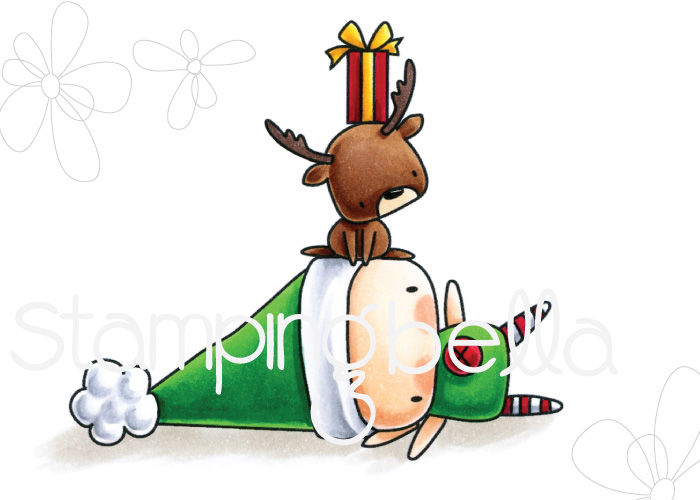 www.stampingbella.com : Rubber stamp called THE LITTLES ELF with a REINDEER on TOP