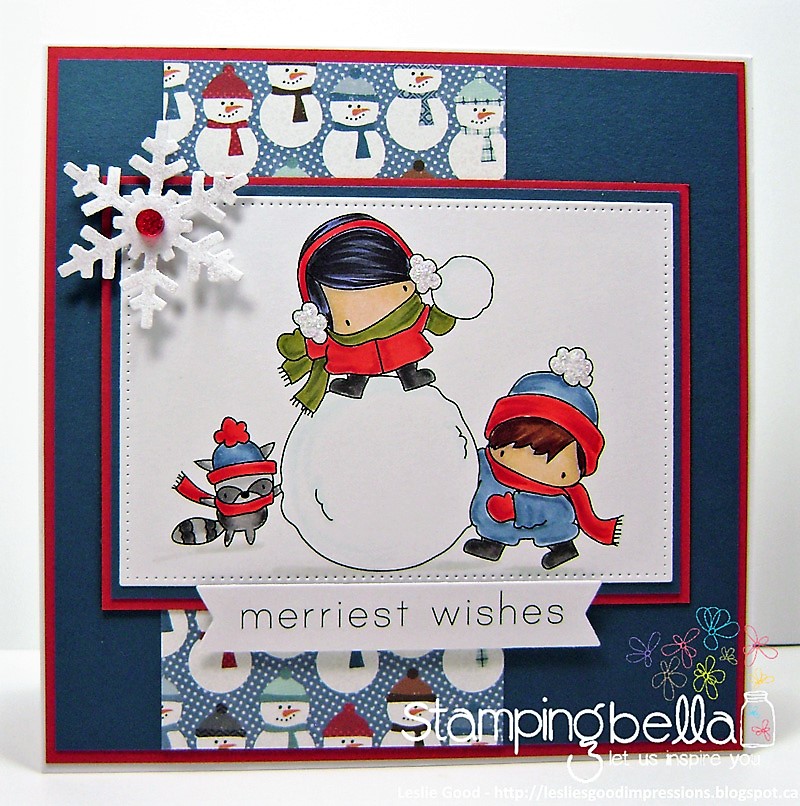 www.stampingbella.com : Rubber stamp called THE LITTLES SNOWFIGHT card by Leslie Good