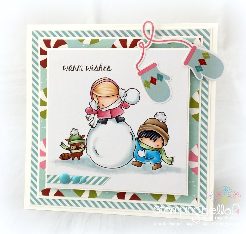 www.stampingbella.com : Rubber stamp called THE LITTLES SNOWFIGHT and HOLIDAY SENTIMENTS set card by Sandie Dunne
