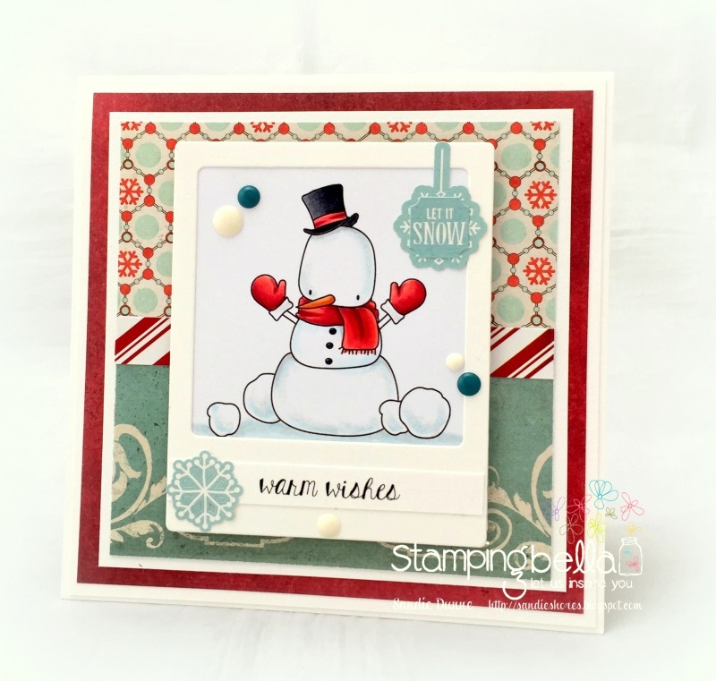 www.stampingbella.com : Rubber stamp called LITTLE BITS SNOWMAN SET, HOLIDAY SENTIMENT SET card by Sandie Dunne