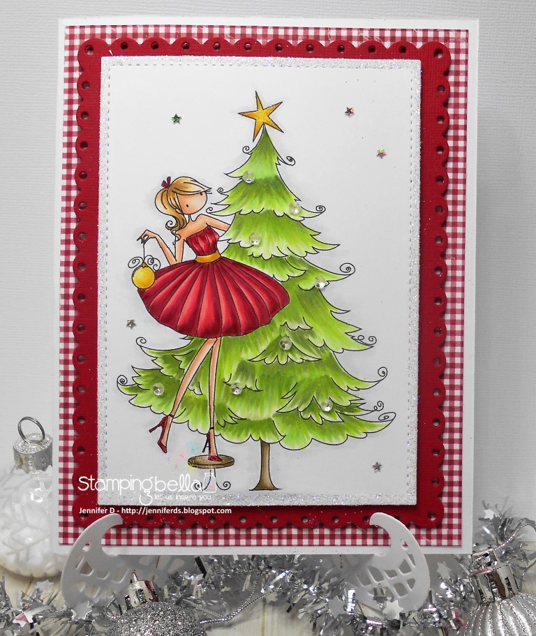 www.stampingbella.com: RUBBER STAMP FEATURED: UPTOWN GIRL TINA TRIMS THE TREE. Card By JENNY DIX