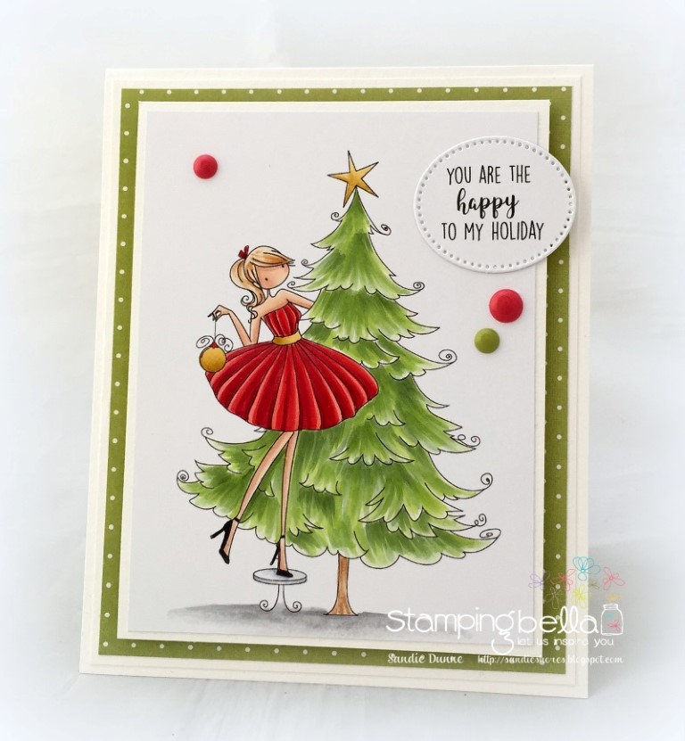 www.stampingbella.com: RUBBER STAMP FEATURED: UPTOWN GIRL TINA TRIMS THE TREE. Card By Sandie Dunne