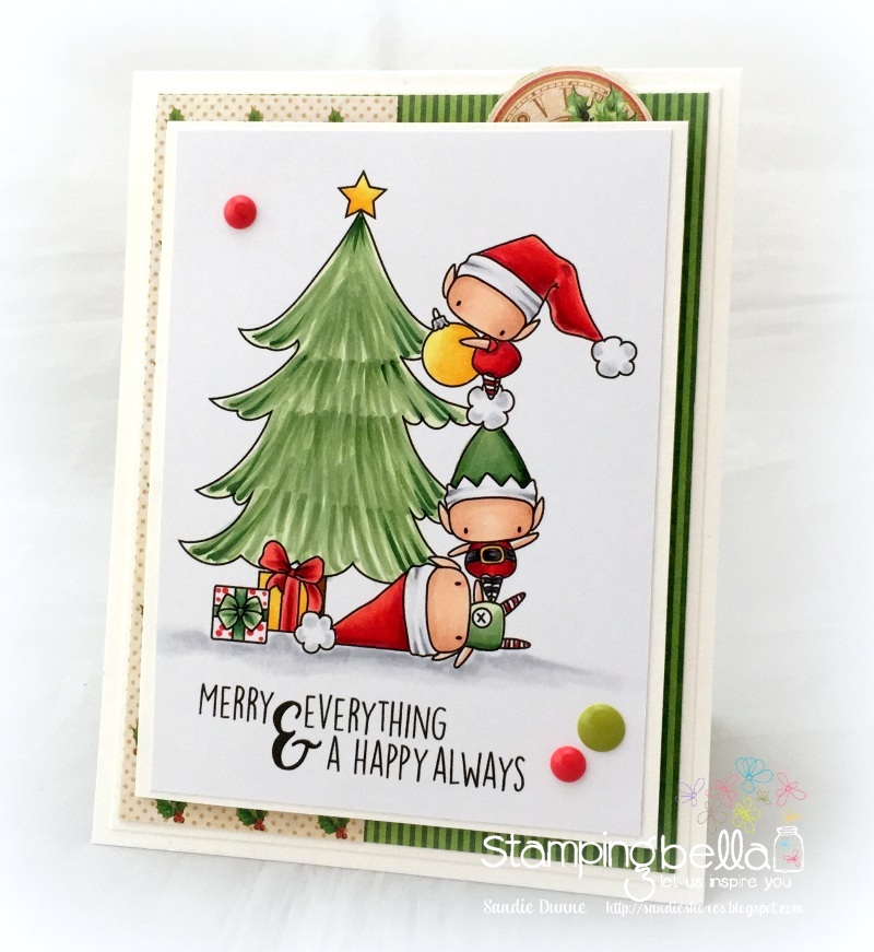 Stamping Bella WINTER/CHRISTMAS 2017 RELEASE: RUBBER STAMP USED: The LITTLES TRIMMING the TREE, and HOLIDAY SENTIMENT SET card by Sandie Dunne