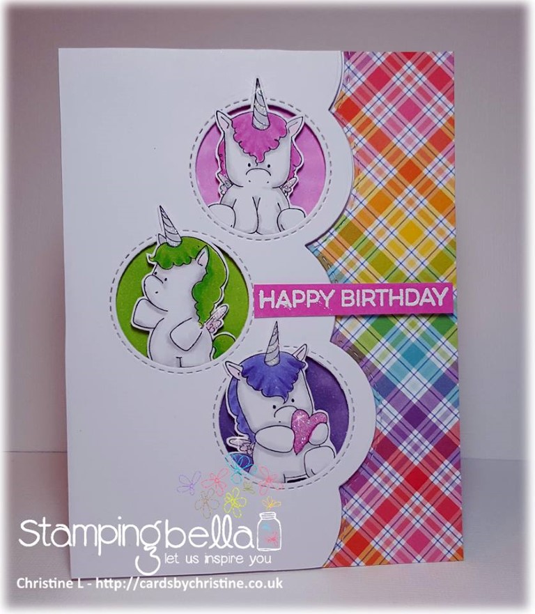 www.stampingbella.com: rubber stamp used: SET OF UNICORNS, card made by CHRISTINE LEVISON