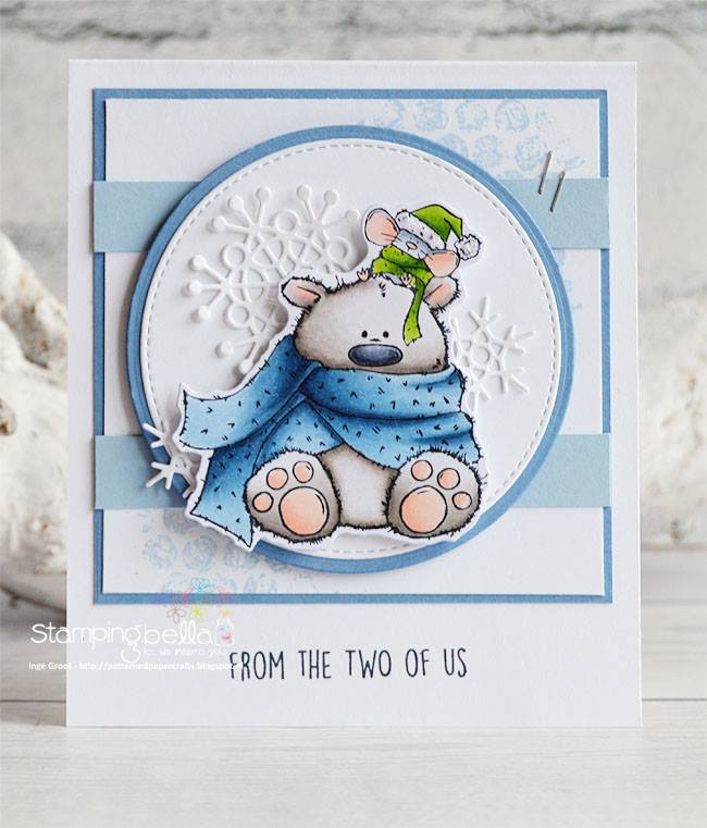 www.stampingbella.com:  rubber stamp used:POLAR BEAR and MOUSIE + BUBBLE WRAP, card made by Inge GROOT