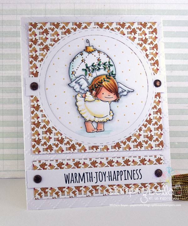 www.stampingbella.com:  rubber stamp used: SQUIDGY ANGEL with ornament, card made by Michele Boyer