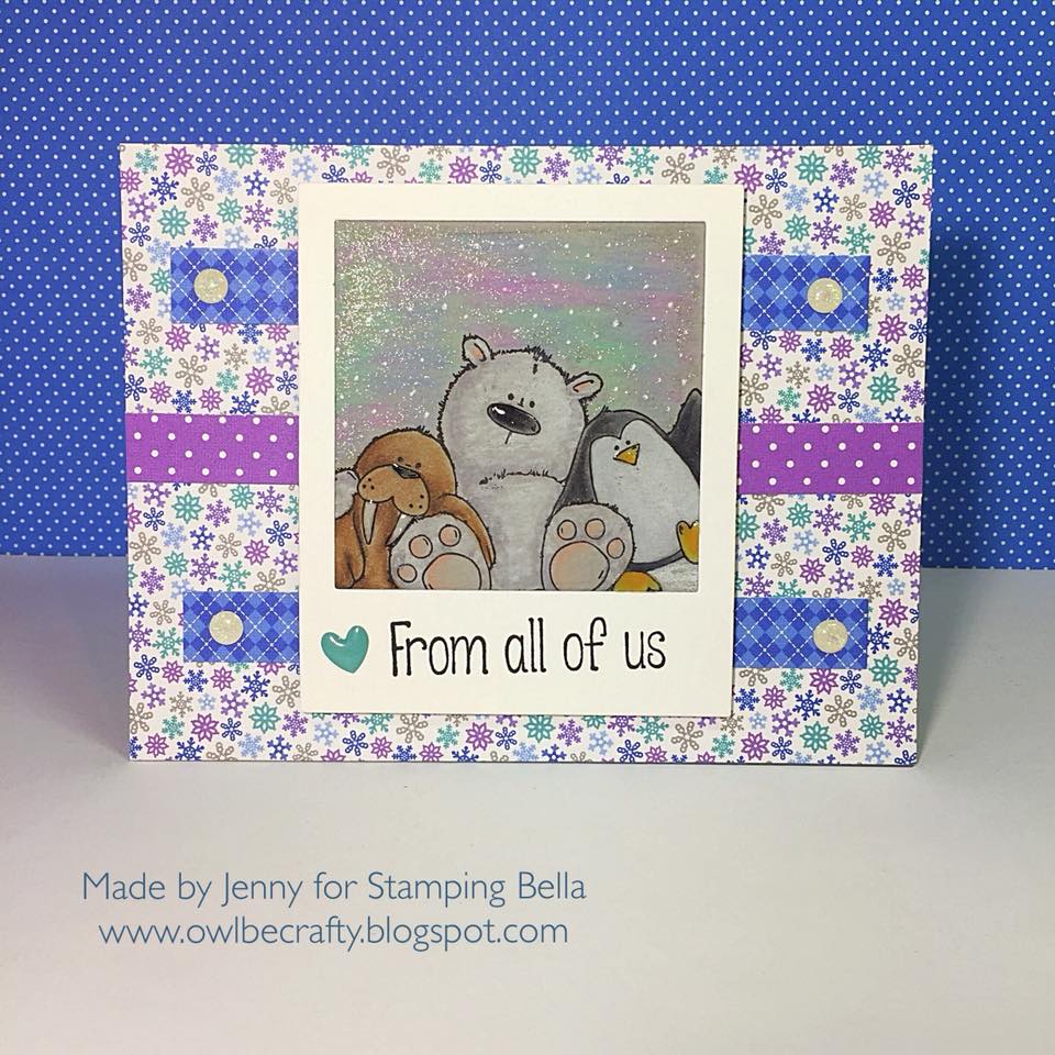 www.stampingbella.com:  rubber stamp used: THE WALRUS, THE POLAR BEAR and the PENGUIN, card made by Jenny Bordeaux