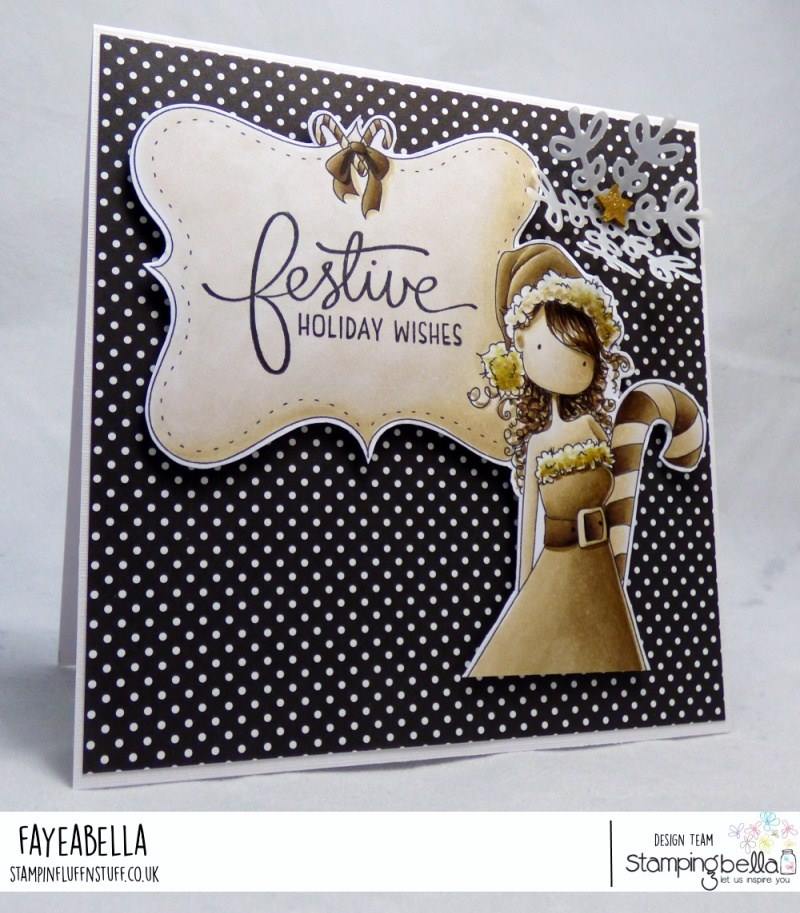 www.stampingbella.com: rubber stamp used: UPTOWN GIRL CHRYSTAL'S CHRISTMAS LABEL, card made by FAYE WYNN JONES