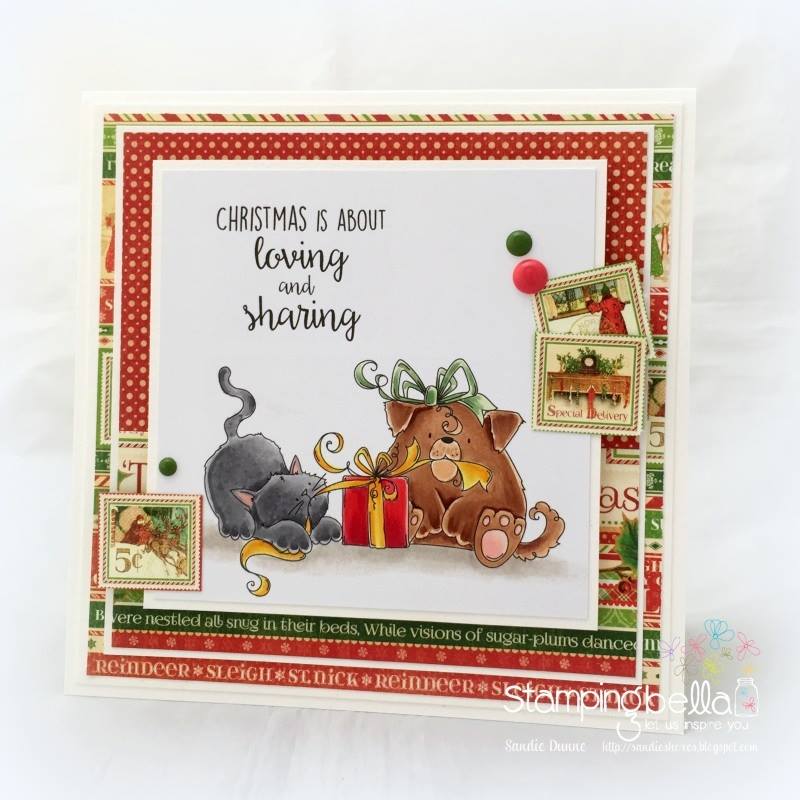 www.stampingbella.com: Rubber stamp used: CHRISTMAS TUG OF WAR, card by Sandie Dunne