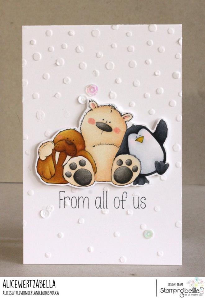 www.stampingbella.com: rubber stamp used: THE WALRUS, THE POLAR BEAR and the PENGUIN, card by ALICE WERTZ