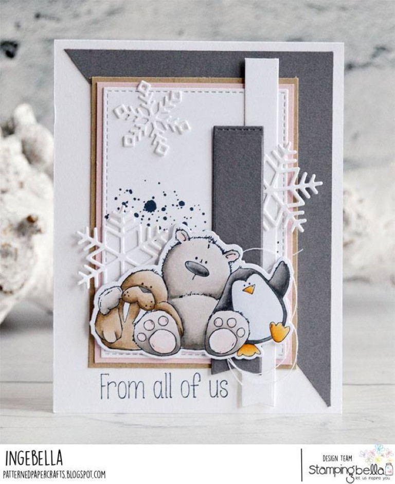 www.stampingbella.com: Rubber stamp used:THE WALRUS, THE POLAR BEAR and the PENGUIN, card created by Inge GROOT