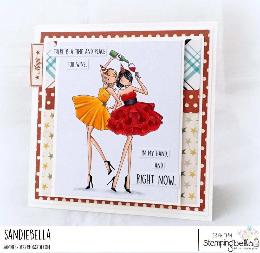 www.stampingbella.com: RUBBER STAMP USED : UPTOWNG GIRLS WHITNEY and WENDY love WINE, card made by Sandie Dunne